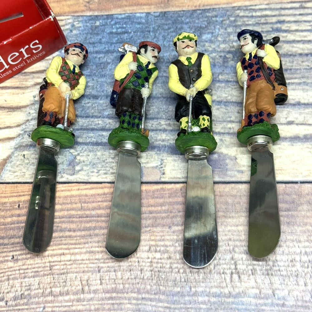 'Golfer' Boston Warehouse Stainless Steel Knives. Cheese Spreaders‎ Set of 4